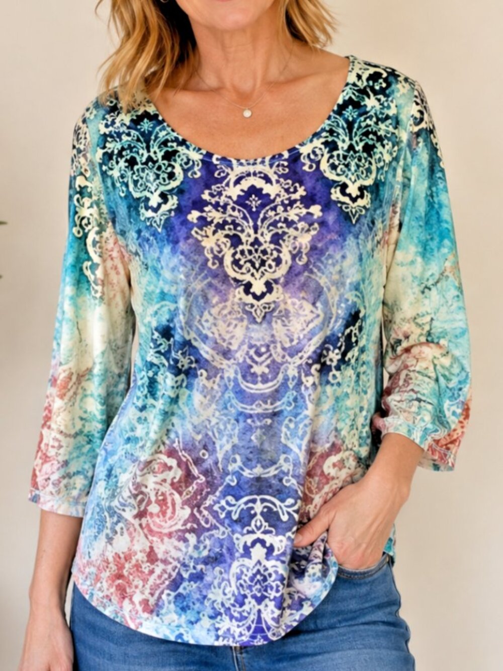 Live and Let Live Women's XL 3/4 Sleeve Knit Top Blue Green purple